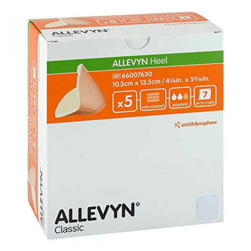Allevyn Heel Wound Dressings, 5 per box for effective wound care and optimal moisture management.